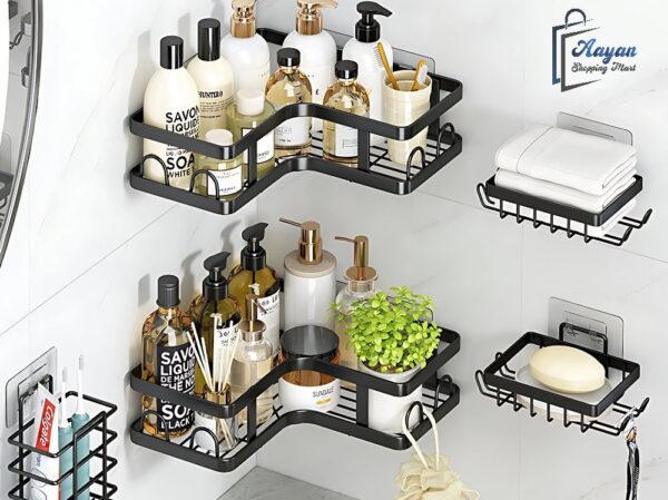 Wandplankenset Badkamer – 3 Draadmanden & 2 Hoekplanken | Opbergrek voor Douche & Toilet
