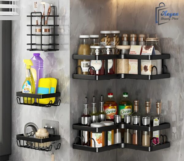 Wandplankenset Badkamer – 3 Draadmanden & 2 Hoekplanken | Opbergrek voor Douche & Toilet - Image 2